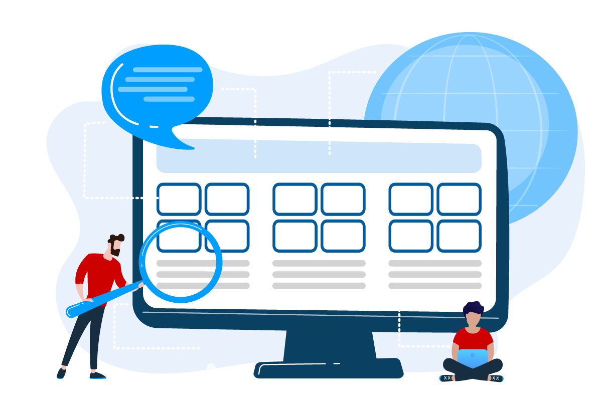 Grafik zur Website-Analyse mit Symbolen und Texten. In der Mitte steht ein Monitor mit einer Website-Vorschau.