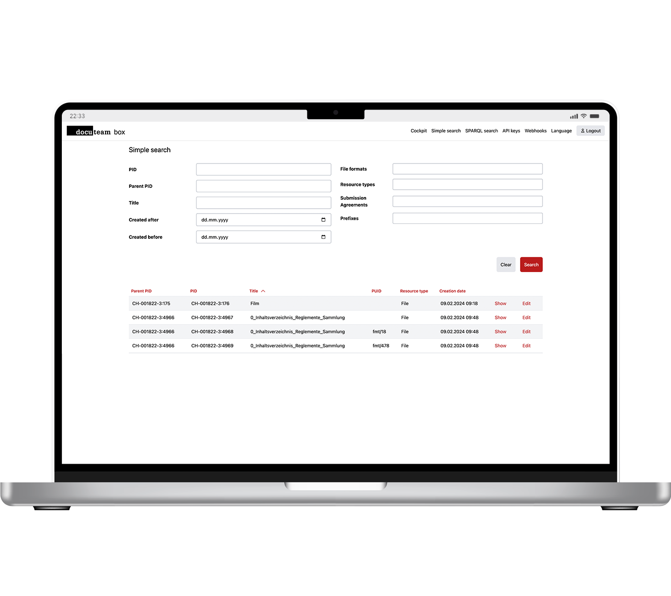 Digitales Langzeitarchiv 12 Der Screenshot zeigt das User Interface von box Simple Search Funktion.