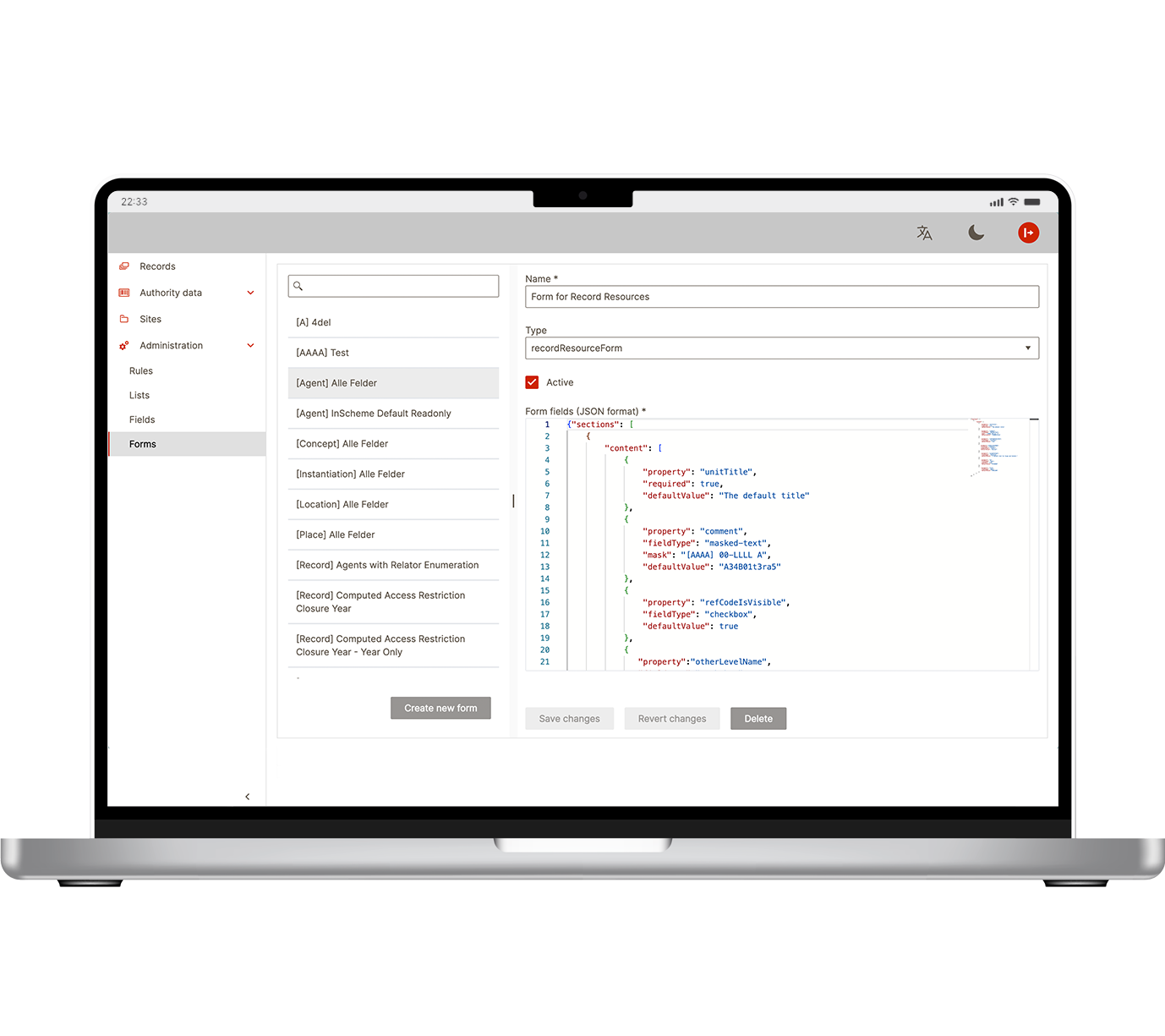 Der Screenshot zeigt das User Interface von context die Forms Funktion.