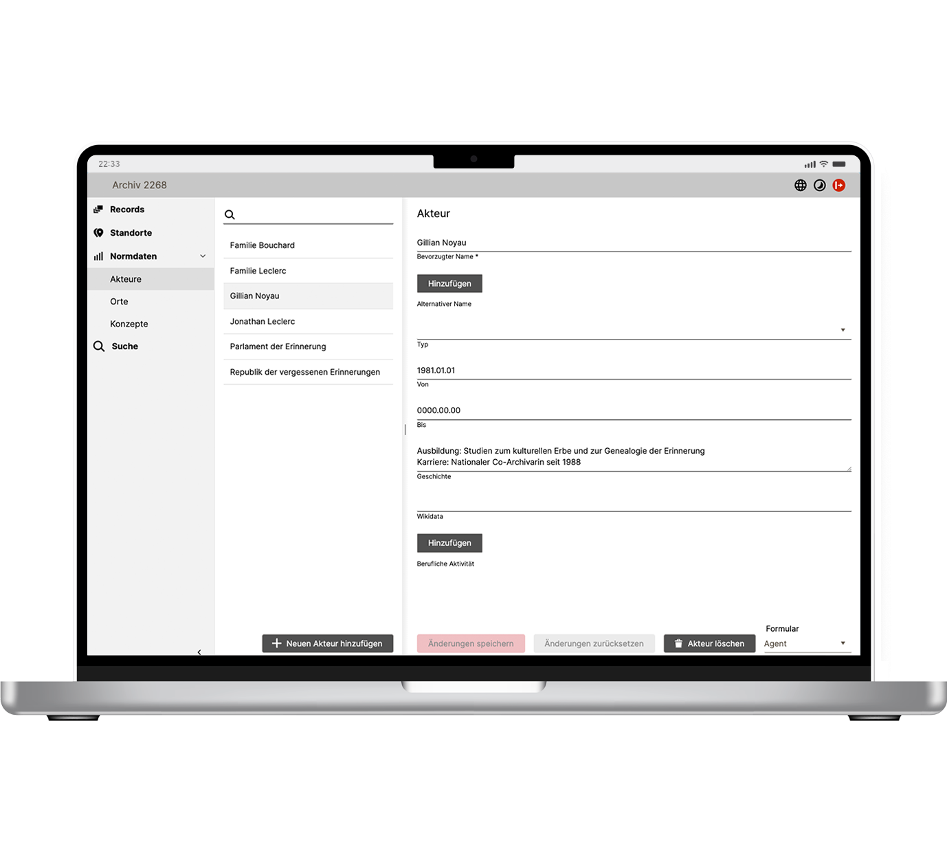 Der Screenshot zeigt das User Interface von context die Normdaten der Akteure.