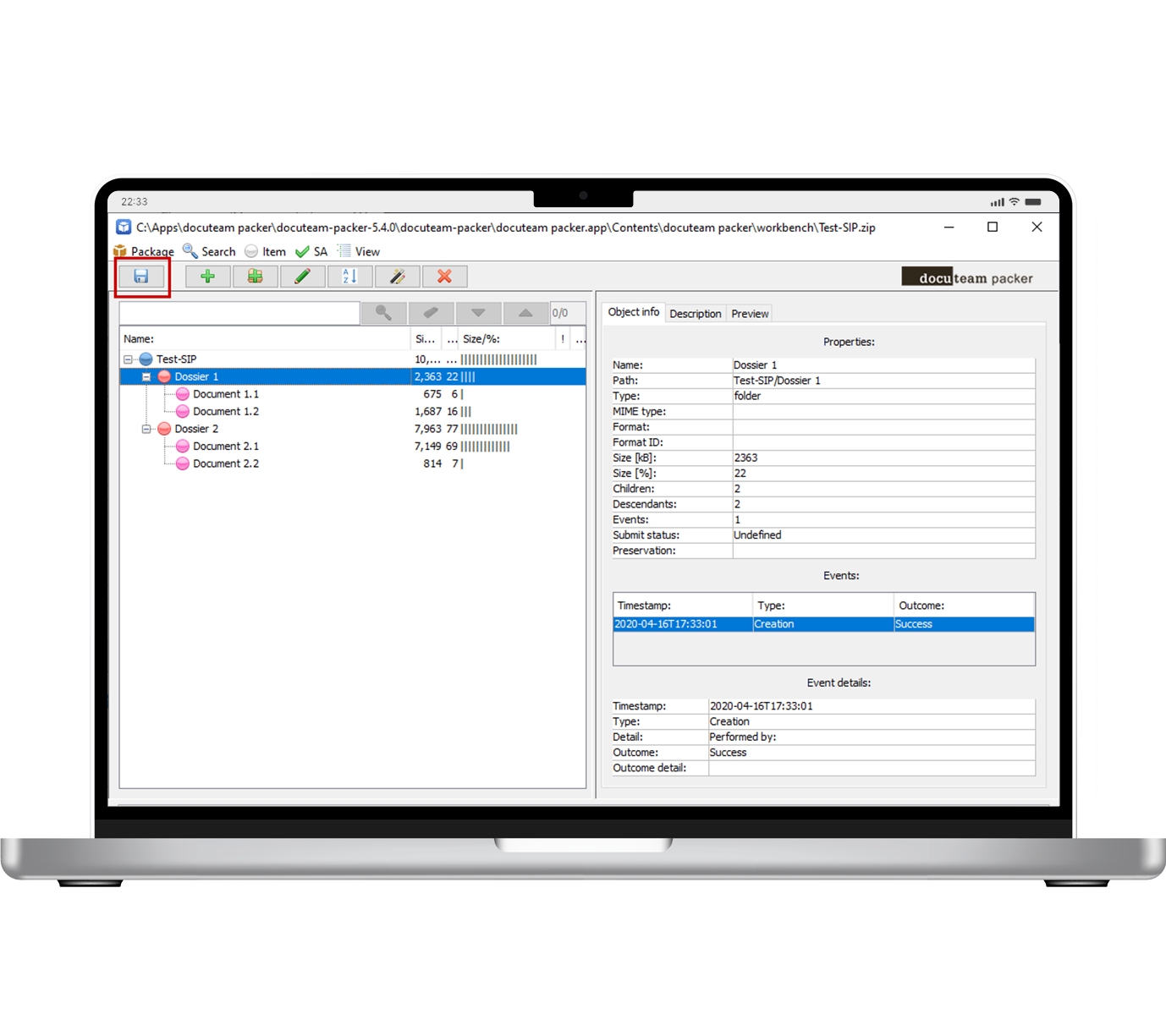 Digitales Langzeitarchiv 9 Der Screenshot zeigt das User Interface der Metadaten Ansicht der packer Workbench.